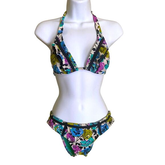Y2K Betsey Johnson Petal Pusher Bikini Dark Floral Hipster Bottom Triangle Top - Picture 1 of 12